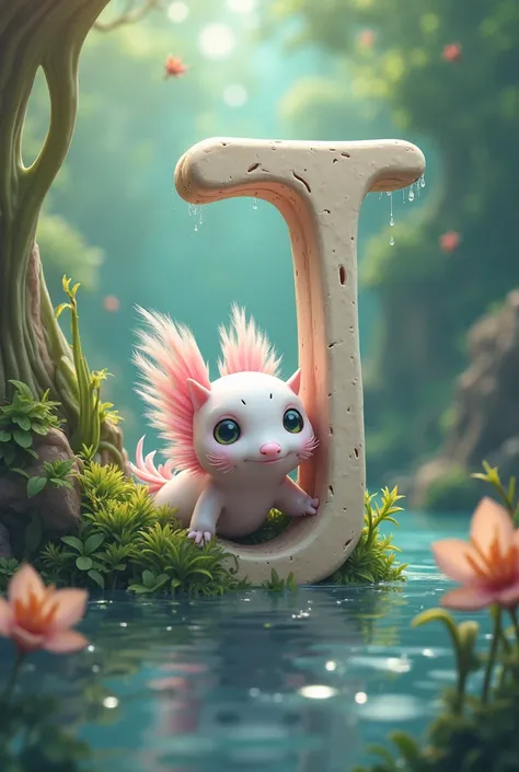 An axolotl behind a J