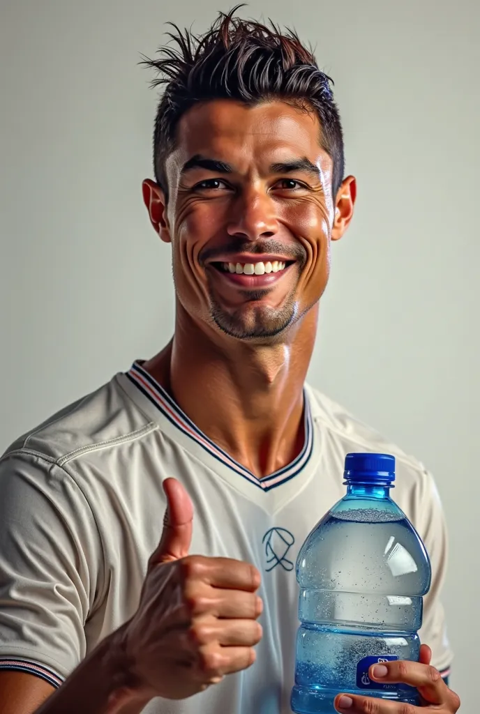 Cristiano Ronaldo holding a plastic bottle with water, And with the other hand a thumb up while smiling 