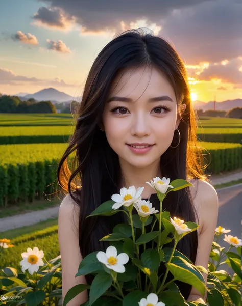 Cute asian long haired thai girl in the evening，The sun has set. ，Green rice fields，A narrow path , Clouds of fog covered ,  There are beautiful flowers of many colors along the narrow path
