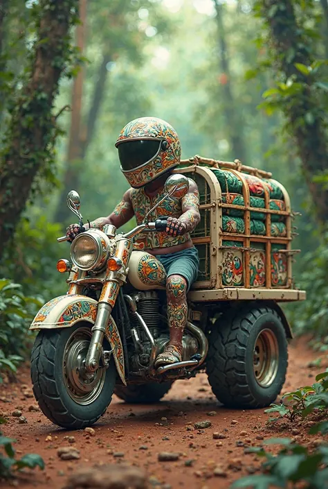 Torito motorcycle cart with trival drawings and with Coffee colors ,white, black and green amazonas predominant