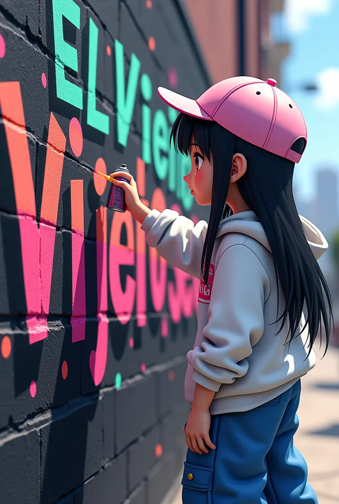 A 3D anime-style medium shot of a creative baby metal with black long hair that transitions to white at the ends. She is wearing a light pink cap, a white hoodie with the writing "Liveme", and baggy blue pants. The girl is holding a spray can and adding vi...