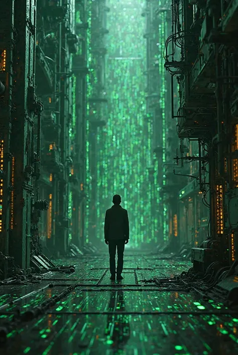 Generate a Matrix-based image with technological background and machines to the right of the image. Image in the tones and colors of the movie Matrix 