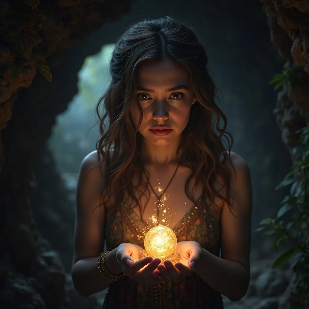 A dark cave, Kael, brilliant magic artifact,light illuminating the cave,portrait,realistic facial details,intrigued posture,surprised expression,5 scene details, top quality,4k,hdr,lighting studio,Photorealistic render,vivid colors,bokeh,fantastic landscap...