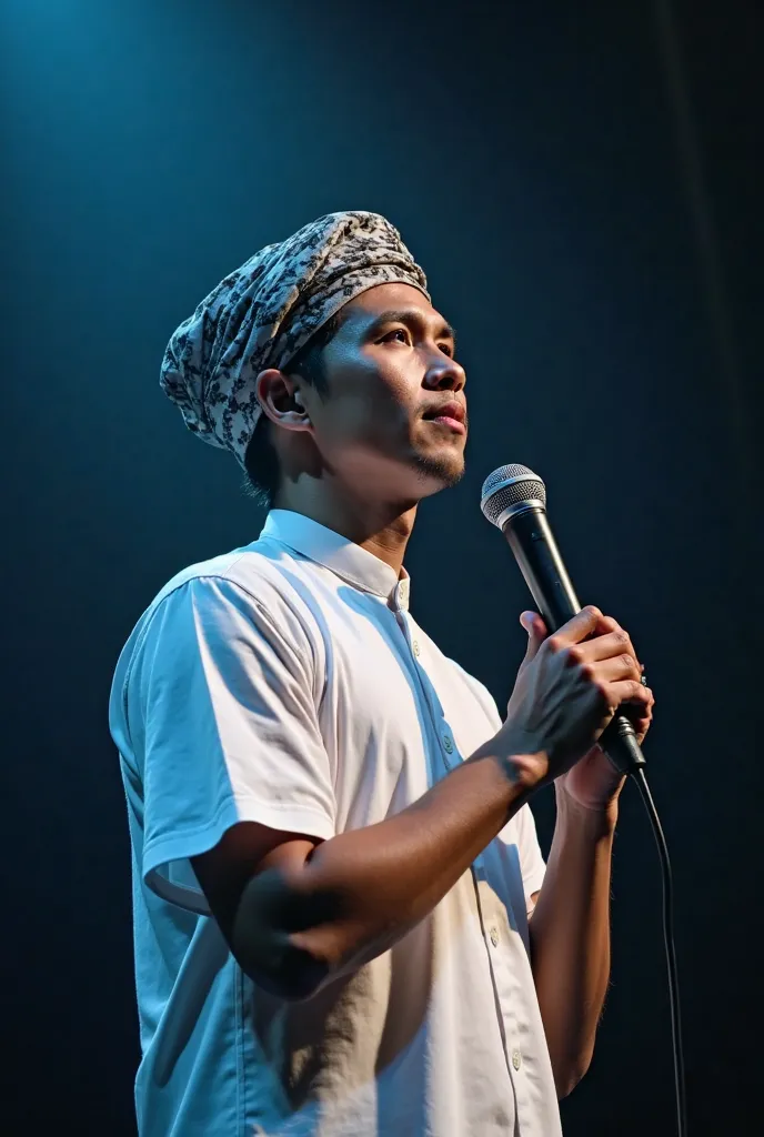 photo of a vocalist,a 30 year old Indonesian man,holds classic microphone,wearing a short-sleeved white muslim shirt, wear the special purpose of yaser arafat, clean face without mustache and beard ,white skin,mouth closed,very low lighting