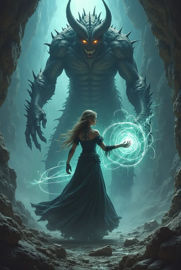 A female mage spells a dark demon in a cave.