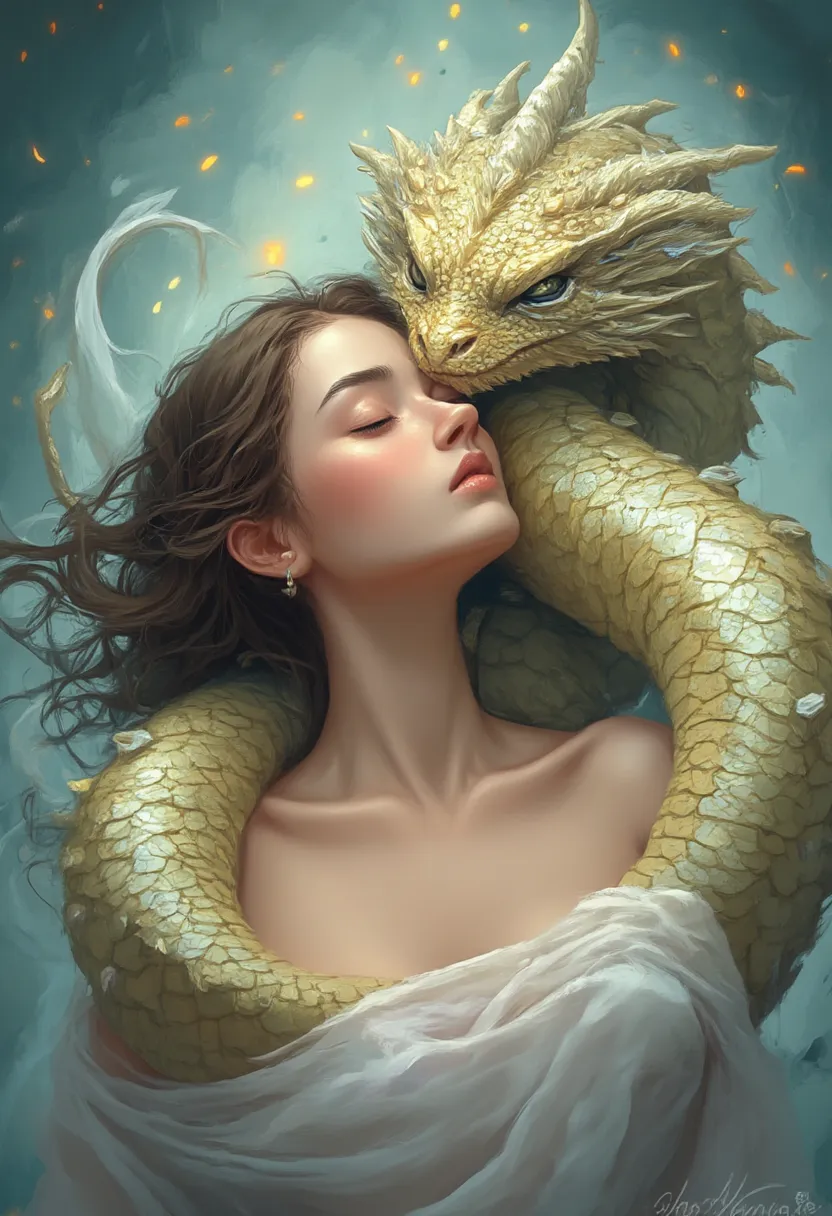 Painting of a sleeping woman with a dragon on her back, the dragon girl portrait, dragon girl, a beautiful artwork illustration, Loish e Ross Tran, Fantasia chinesa, belas fotos avatar, Art not Guweiz style, trending on artstration, estilo de arte de fanta...