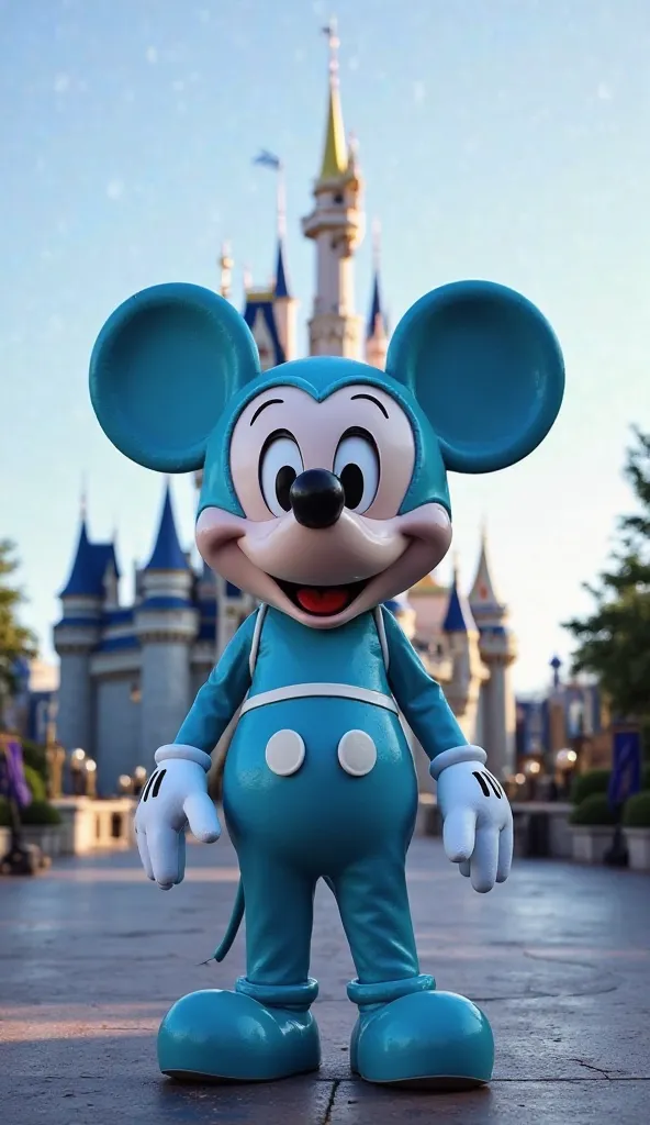  Fantastic　realistic footage　Disneyland　in front of Cinderella's Castle　Mickey Mouse has a light blue head, ears, and nose