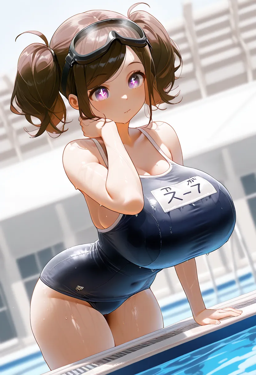 girl, cute, masterpiece, swept bangs, high quality, high resolution, big breast, lovely thighs, swimmer girl, short curly twintails, sweat, wet school swimsuit, brown hair, purple eyes, swimming goggles on head, outdoor pool background, an expression that ...