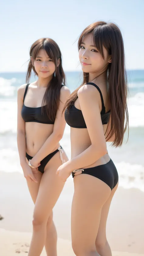 wearing black bikini swimsuits on the beach in Okinawa２Women standing in a row、(realistic、as shown in the picture、live-action、8k, photorealistic)、(( pink inner colored hair :1.1))、 cute Japanese woman、((full body:1.5))、long hair:1.2、style hair fluttering、(...