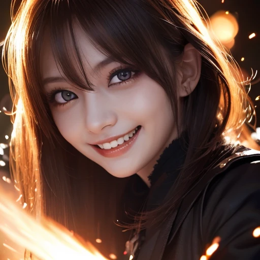  1 girl,  flying hair,  red eyes, Fire Witch , Blood on face,  Light Particles , Lightning rays,  wallpaper,  colorful,  high contrast , ,  smirking ,  , psychopathic  smirking ,  Psychopath Smile ,  tilting your head 