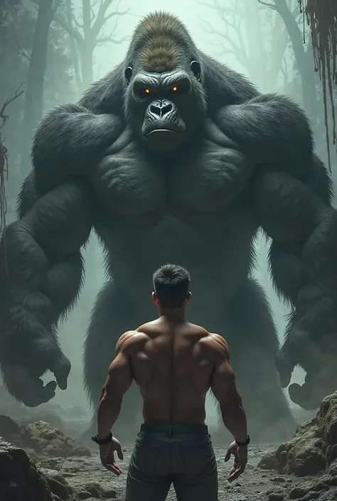 Strong man standing in front of a giant gorilla with huge muscles in a mysterious environment