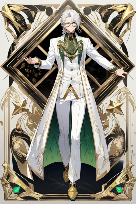 ( man) full length:1.5)0.9], (The image of an aristocrat) ( LOOSE WHITE HAIR:1.1) (green eyes:1.2) (monocle with neck chain:1.0) ( Colored stars in the eyes:1.0) (Shining light:1.1) (white suit with gold patterns:0.9) (concept art)