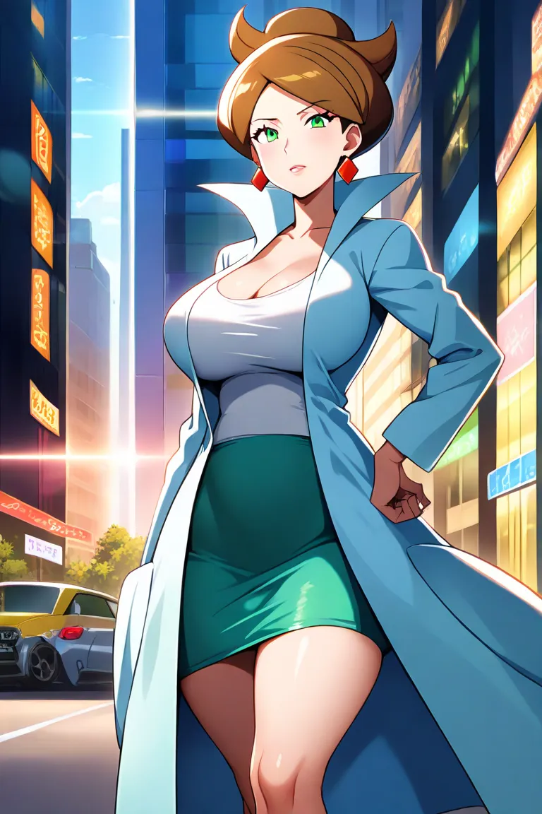 masterpiece, Absard Dress,  latest, 1 girl, Alone, c-juniper , mature woman, green eye, hair bun, brown hair, lab coat, green skirt, earrings, white shirt,  Long Sleeve, outdoor, city, day, lens flare, dramatic lighting, watching viewers, mature woman, ani...