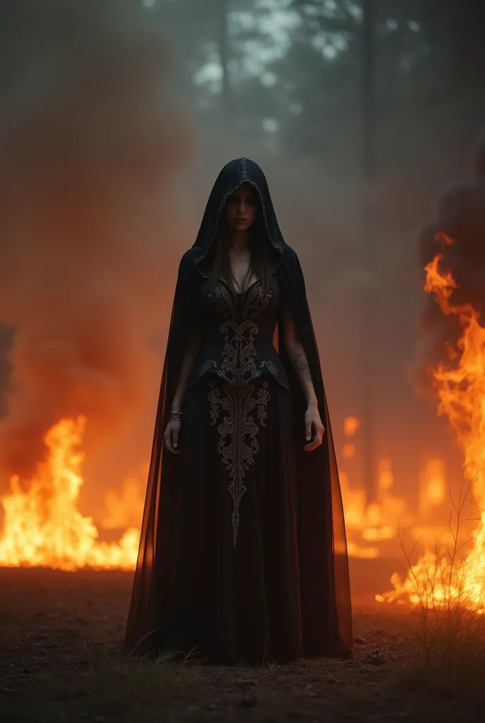 **The image depicts a lone woman, dressed in a witch's outfit, standing defiantly amidst a raging fire and a cloud of smoke. She is dressed in a dark, ornate, hooded dress, suggesting an air of mystery and power. The background is dominated by flames, crea...