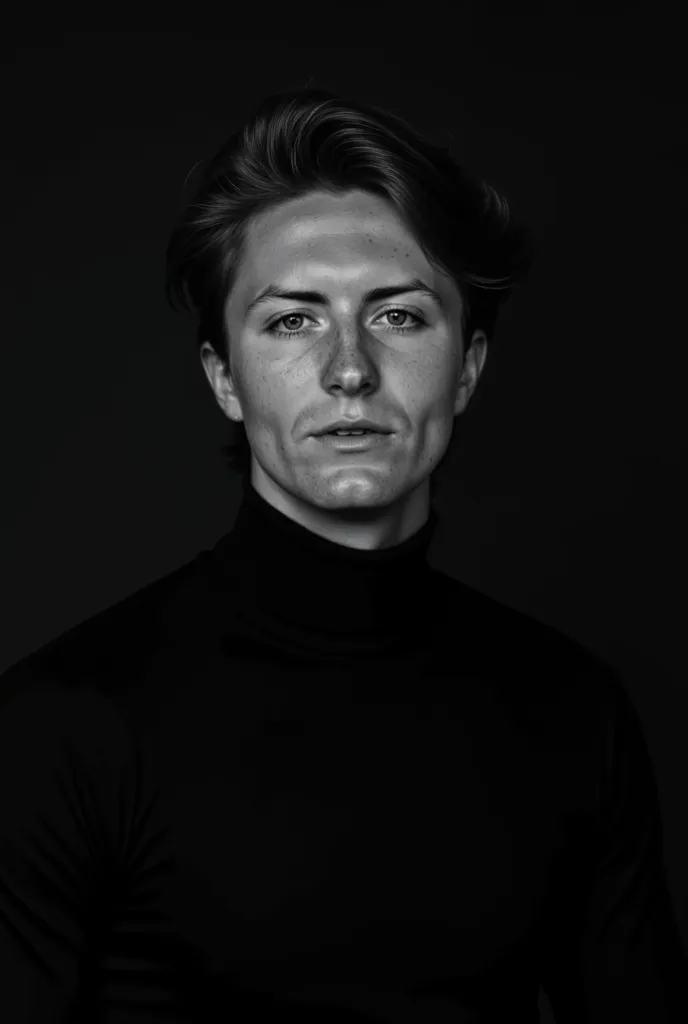 Create a high-contrast, black and white portrait of a man with a minimalist and sophisticated aesthetic. The man is positioned indoors against a completely matte black background, wearing a plain black turtleneck sweater that blends seamlessly into the bac...