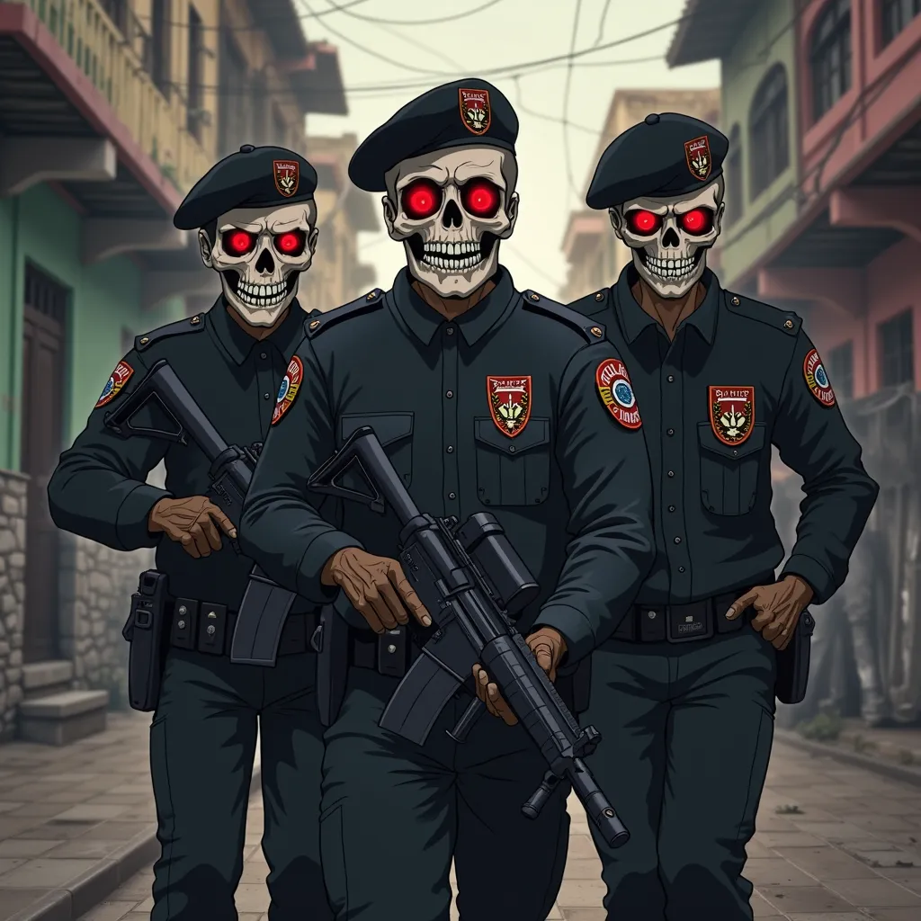 Anime image of 3 police officers wearing black berets and skeletal faces with red eyes shining with hate and black clothes with coat of arms written Rota with rifle in hand killing poor people in the favela poor man fallen to the dead ground 