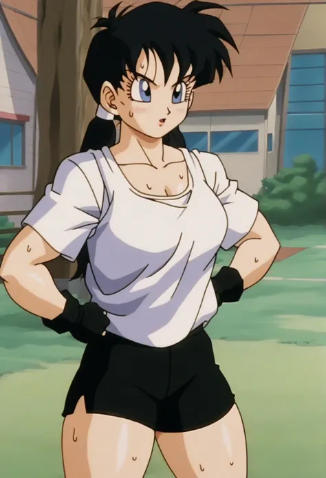     source    _  animated, score_9, score_8_arriba, score_7_arriba,   animated screencap,   90s style,
videodbz,  a girl, Alone ,  long hair, blue eyes, black hair, cola de caballo, (  thick thighs  ),  camisa blanca, field, fingerless gloves, black shorts...