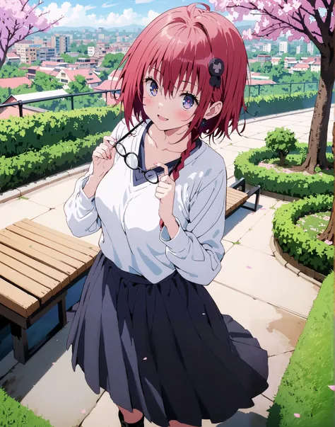 Kurosaki's thing , Alone,stupid hair, blue eyes, knitting glasses, hair intake, sngle braid,HAIR ACCESSORY, red hair, hair knitting glasses, smile,blush,open your mouth,Medium breast, oversized v neck sweater long sleeve,long skirt,short boots, bench,Beaut...