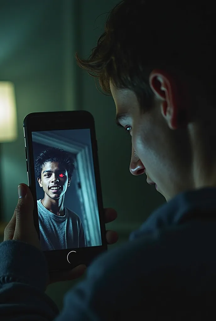 Close-up of a smartphone screen displaying a selfie. In the selfie, behind the young man, a terrifying humanoid figure with glowing red eyes and a sinister grin is clearly visible. The figure appears ghostly, with a distorted face. The young man’s expressi...