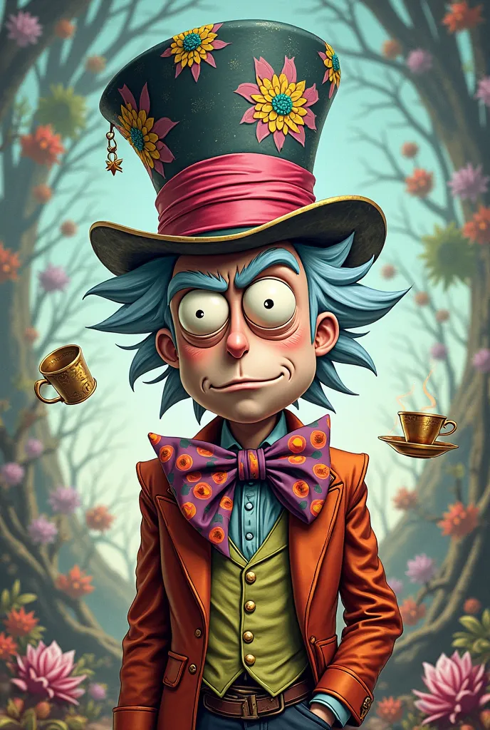 Create an image of Rick Sánchez dressed as the Mad Hatter (2D) 

