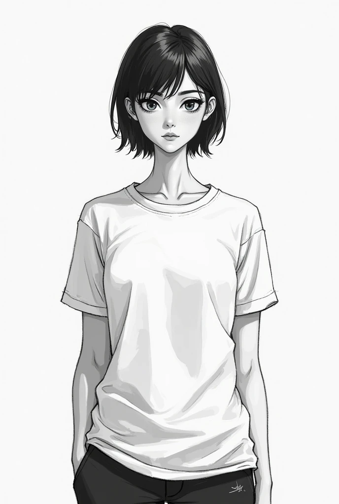 I want to make some shirts to sell. I need you to give me the plain shirt template, in black and white, two-sided. Give me her dressed as a woman and a man