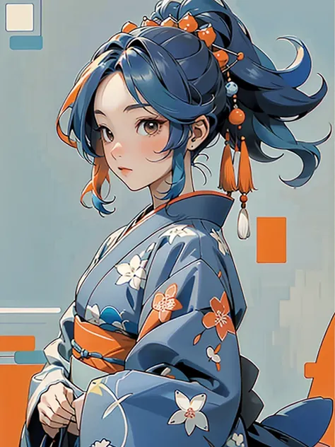 background:round and square、Greatest Masterpiece、 kimono、A geometric pattern combining blue and orange、Seven hair colors、