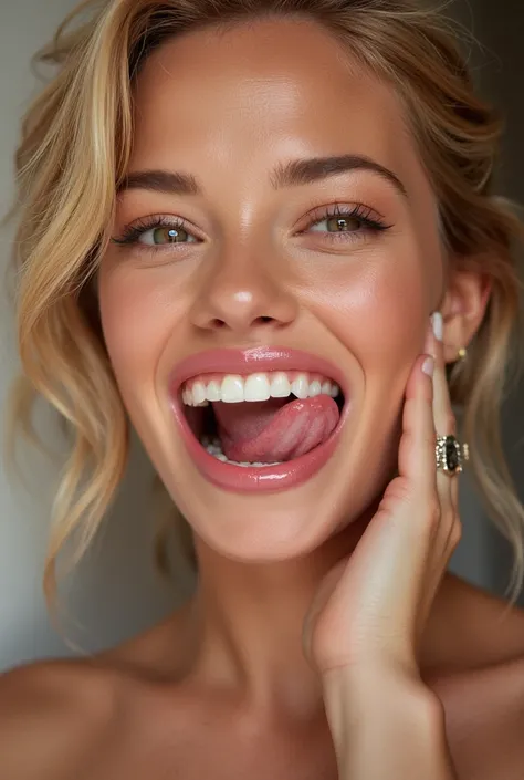 Margot Robbie with striking features playfully licking her teeth with her tongue. Her eyes are captivating, and she has a confident, flirtatious expression. The lighting enhances her facial contours, and the background is softly blurred to keep the focus o...