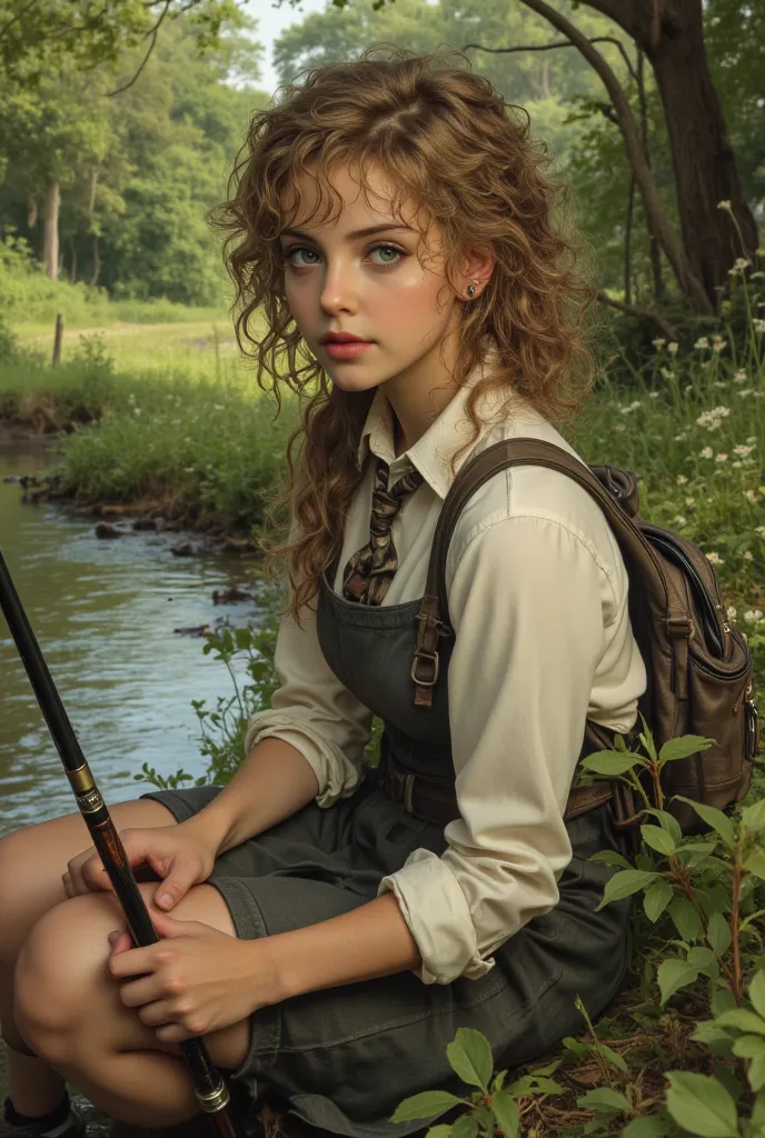 a girl fishing by a spring creek, beautiful detailed eyes, beautiful detailed lips, extremely detailed eyes and face, long eyelashes, sitting on the riverbank, fishing rod in hand, peaceful expression, idyllic countryside landscape, lush green foliage, flo...