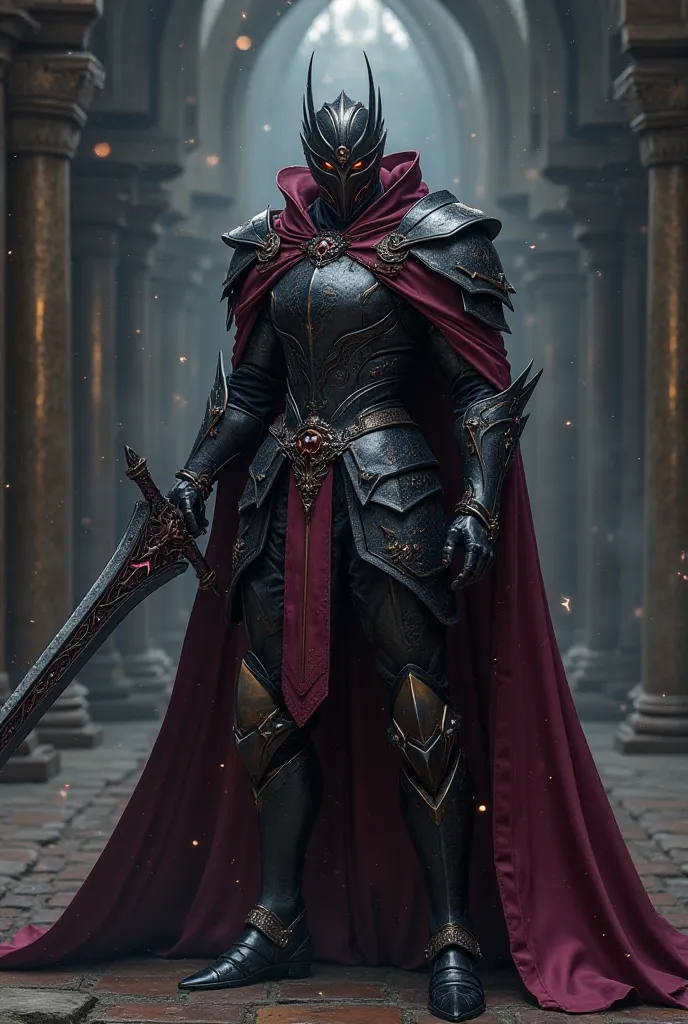 Create Yu-Gi-Oh  & Solo Leveling a stylish black knight with a burgundy cape with shapely legs wearing large shimmering black magic armor with burgundy details with a sparkling black helmet covering his entire face holding a large stylish magic sword shimm...