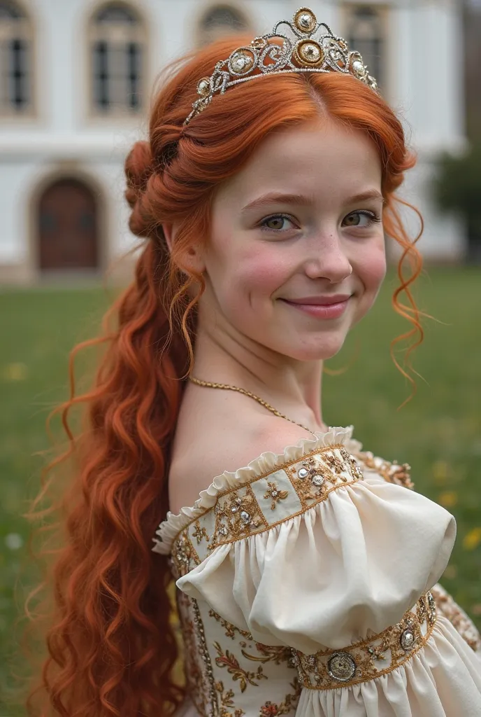 A red-haired girl with long curly hair done with a braid in the back. She with fair skin, ojos miel claros, wearing a princess dress from the 17th century/18. In a garden in front of a white palace, She with a smile and a tiara 