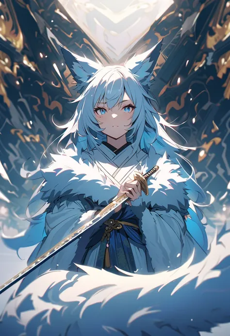 fox Light blue hair 　beast girl　indigo fur　fox beast girl　fox Light blue hair 　beast girl　indigo fur　fox beast girl　Full-body portrait、Are standing、Holding a sword、woman、kimono、Wolf Ears、Wolf&#39;s Tail