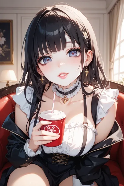 long black hair、big eyes with heavy makeup、Dark makeup、pale pink lips、  white skin、Three sizes 86-60-88、D cup bust、 Mine Girl、18 years old、Yandere and Yandere、Sickly cute、Sexy Poses、intimate atmosphere、neck chokers、 platform boots