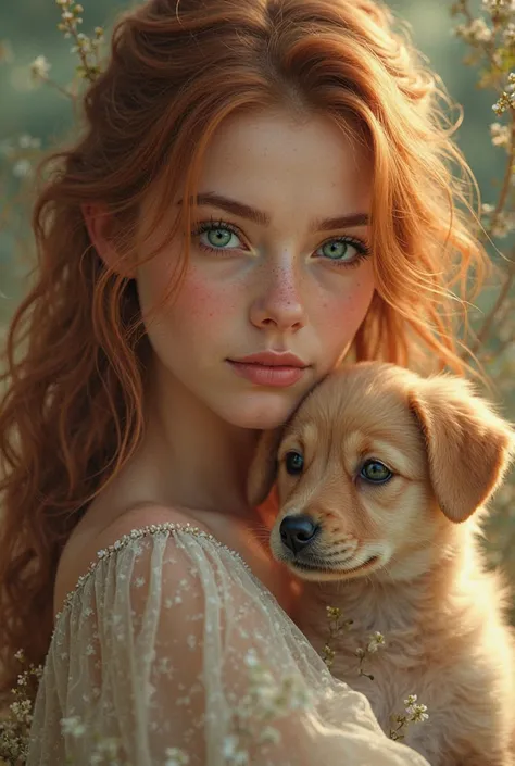  Woman with green eyes , With a puppy 