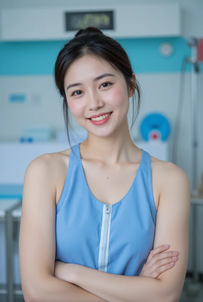 athletic beautiful mid 20s thai female nurse wearing sleeveless scrubs in clinic. thick muscular upper arms. smiling. photograph
