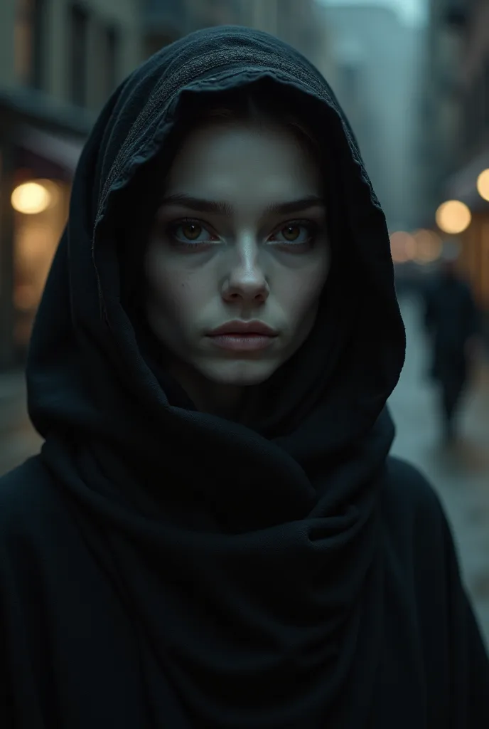 "Realistic portrait of a mysterious woman wearing rijabe and modern clothes. Her face is pale and expressive, with dark and intense eyes that convey an enigmatic aura.  The lighting is dramatic , highlighting her facial features against a dark background. ...