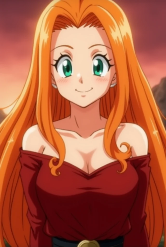 Screenshot Dragon ball z. 20 year old girl with long straight orange hair, Green eyes with long eyelashes, smiling confidently. front view, full body view. high definition. anime style. Dragon Ball Z style animation. 