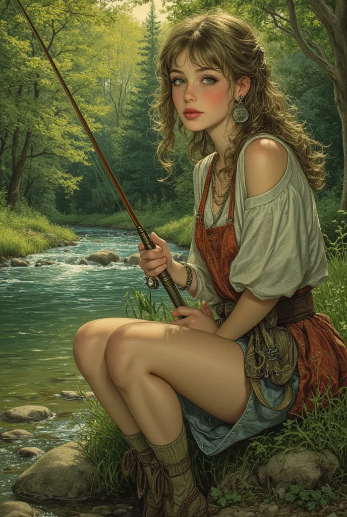 a girl fishing by a spring creek, beautiful detailed eyes, beautiful detailed lips, extremely detailed eyes and face, long eyelashes, sitting on the riverbank, fishing rod in hand, peaceful expression, idyllic countryside landscape, lush green foliage, flo...