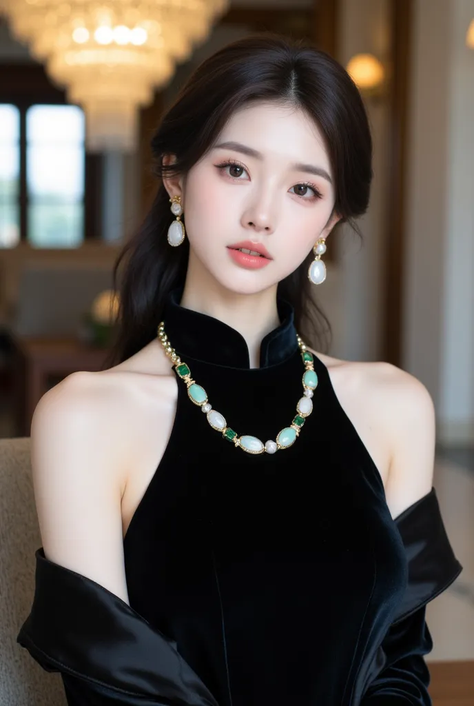 (Super detailed body, super detailed face, best quality, close-up, beautiful Korean female model upper body, fair skin, pretty face, brown eyes, black custom velvet high collar evening dress, white necklace, makeup, full green jade gold necklace, green jad...