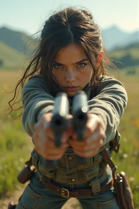 A girl with guns in a field being in a action fireing gun