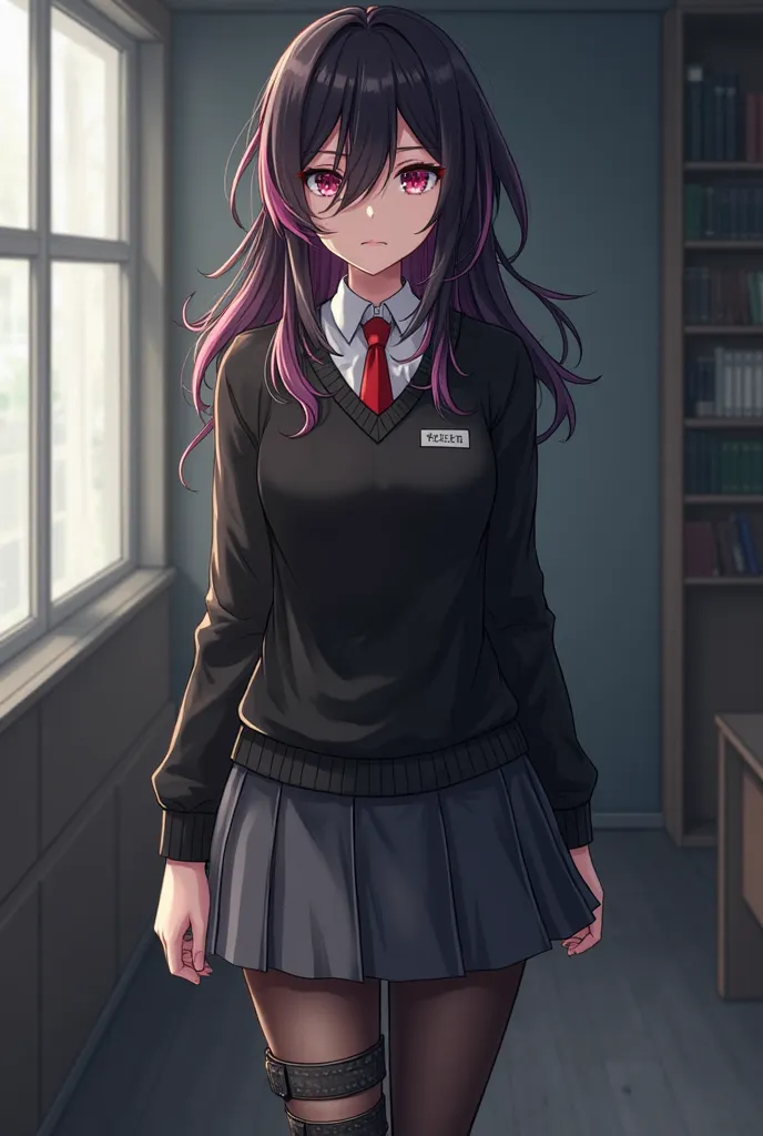 Serious-looking anime. 

An attractive young woman who APPEARS TO BE EMO, of black hair with the tips of her hair dyed pink with half a face covered with her hair and a calf bronche and ruby eyes, pole, and dominant wearing a school uniform a dark gray ski...