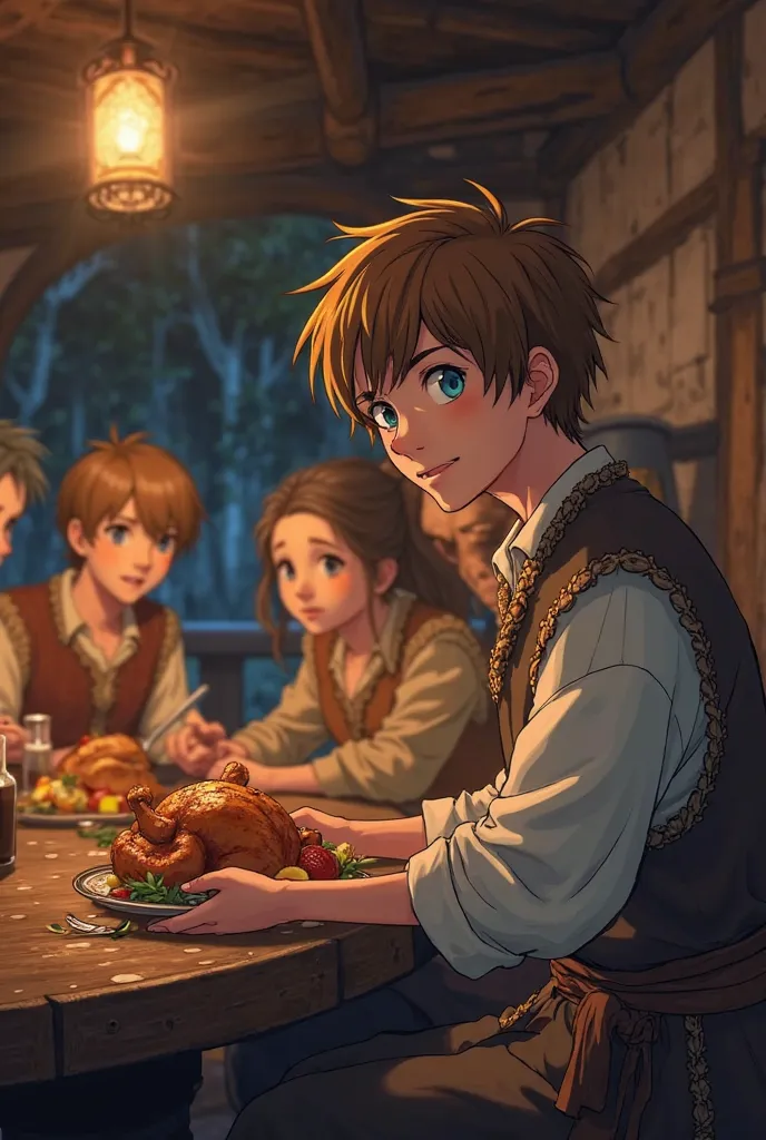 In the image it's night in a rustic tavern, and a group of peasants, A thin and friendly man stands out, with short brown hair and blue eyes, sitting and eating roasted chicken, Do you wear peasant clothing. anime style,  Shonen Jump-style illustration.