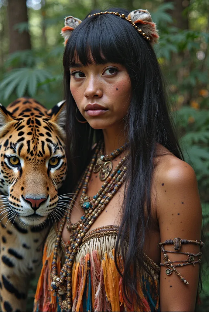 Indigenous woman with straight hair, and bangs up to her forehead, ,Exhibits paintings on long skin. her breasts covered by her hair and wears a feather skirt and handmade accessories, next to a jaguar painted in the forest.