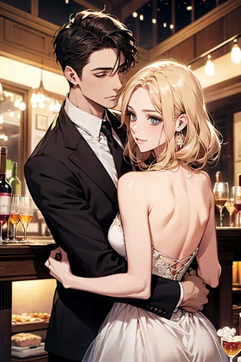 Beautiful black-haired woman partying with a blond man, both elegant dresses flirting affectionately