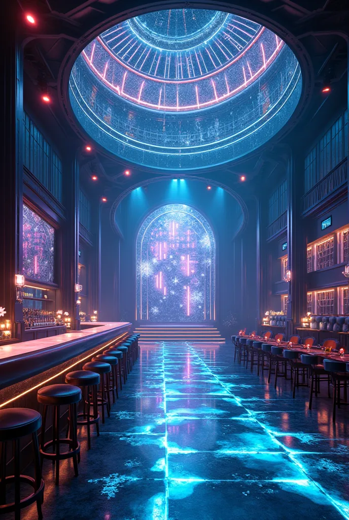 Create a realistic image of a very large Neon Genesis main hall. The ceiling, an intelligent LED dome, creating a virtual sky in transformation. The illuminated glass floor reacts to the movements of visitors,  with geometric patterns . The walls are made ...