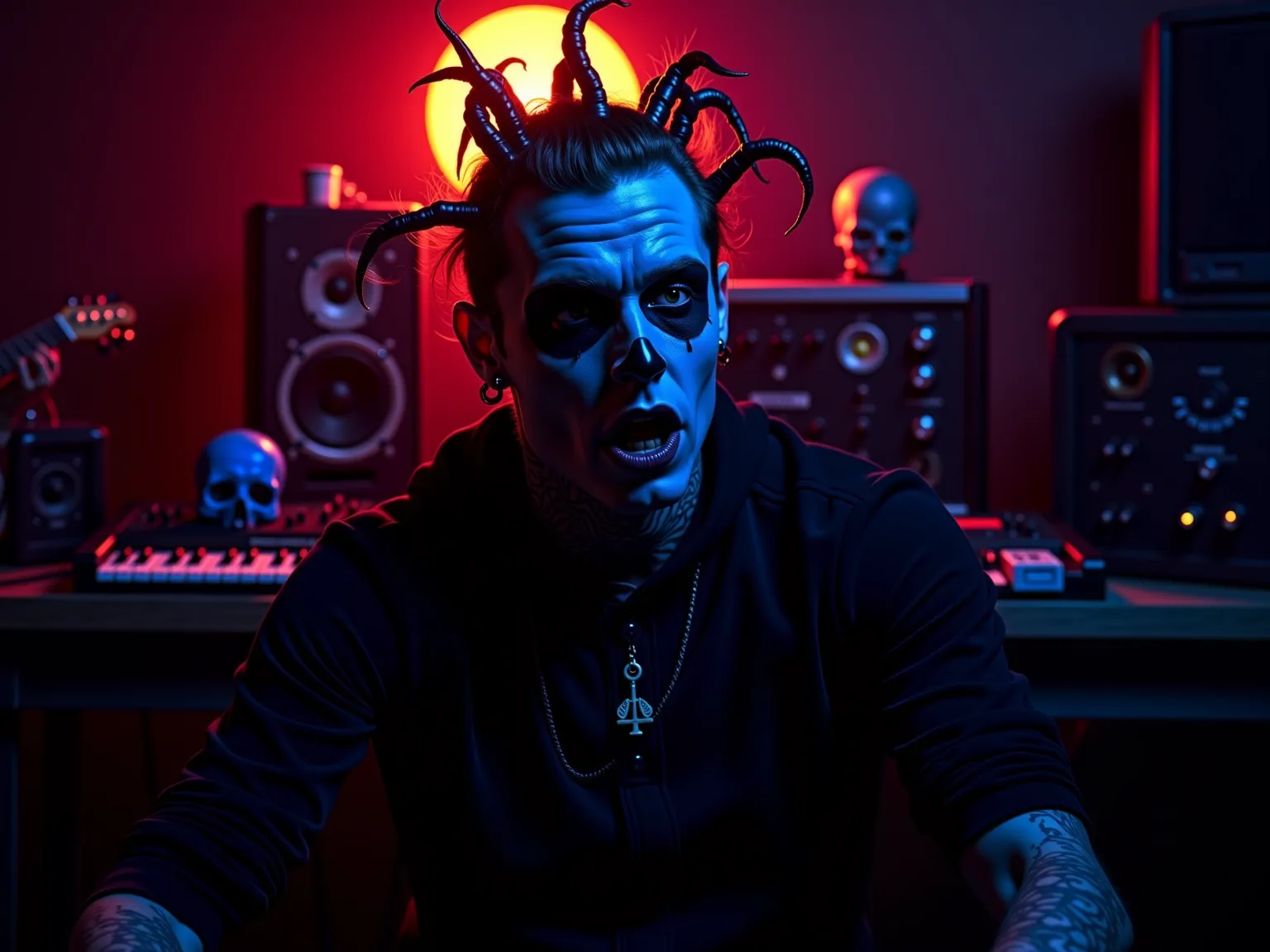 Dark and abstract background, with bright neon lights, artist surrounded by synthesizers and electric guitars, dark appearance, alien artist with electrical wire hair, show featured face. Integrate symbols such as speakers and skulls, fire elements, x soci...