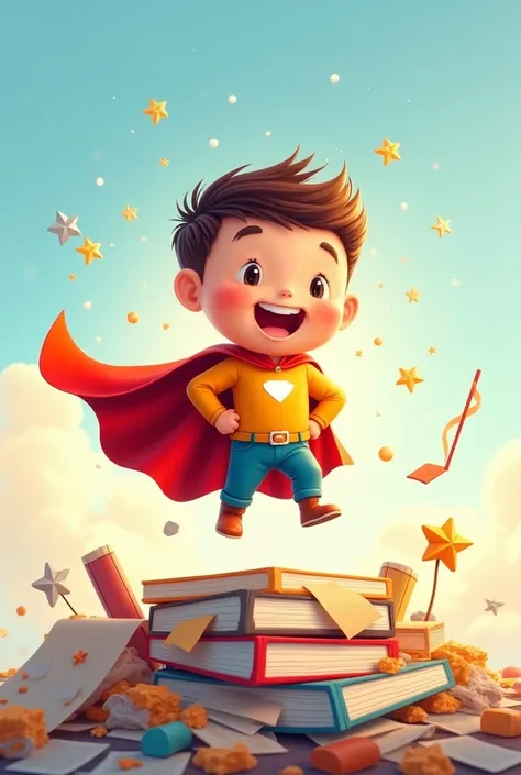 "Create a colorful and cheerful illustration featuring a small  ( about  ) wearing a bright red superhero cape, full of smiles confident while hovering on a pile of paper, toys , and messy book. The  has an aura of energy shining all around him, with spark...