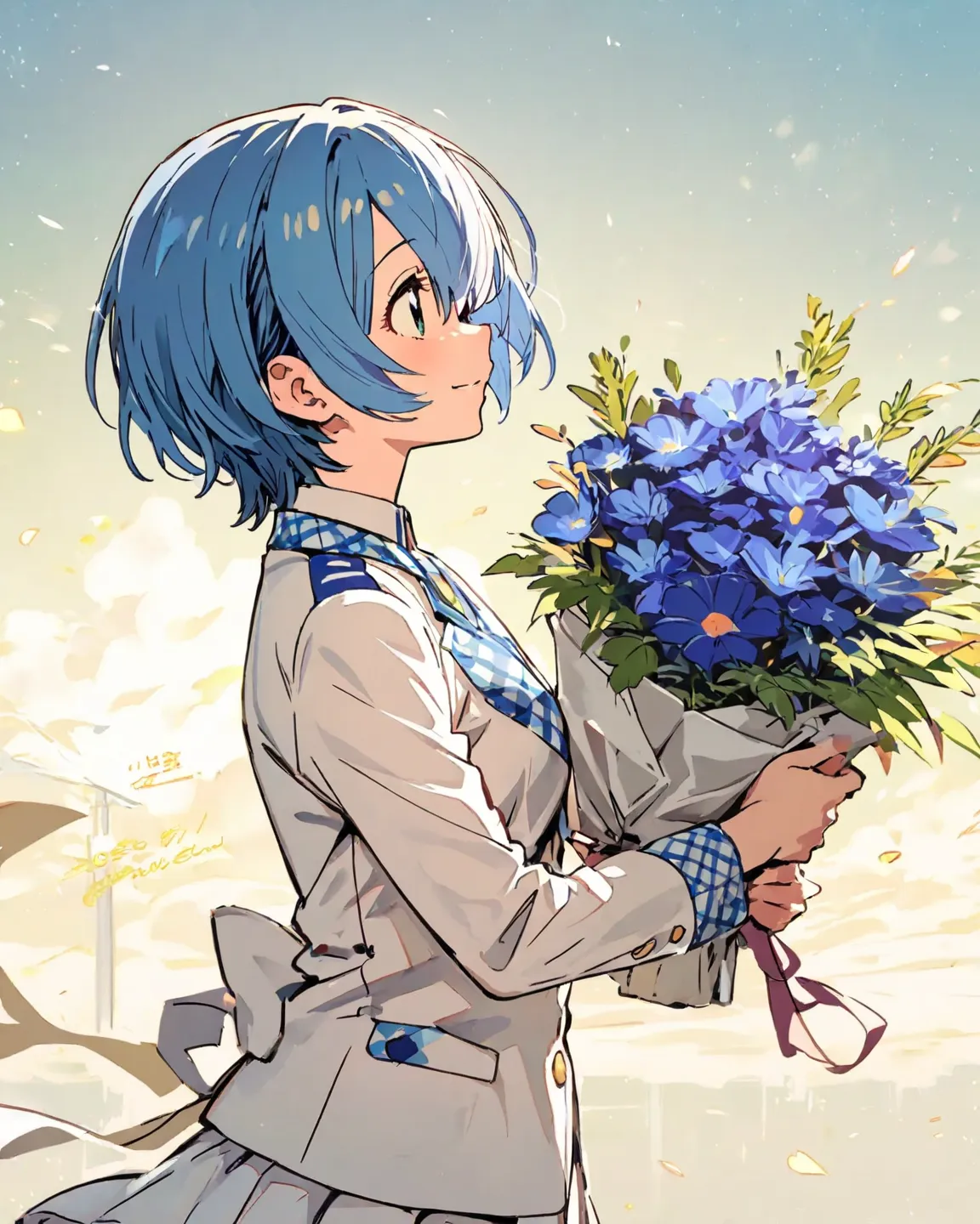 Watercolor, anime style, cute girl, uniform, checkered skirt, blue hair, holding a bouquet, profile, dynamic, yellow background