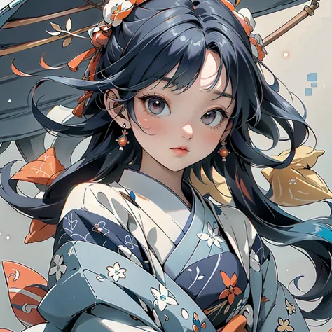 background:Geometric pattern combining round and square、Greatest Masterpiece、 kimono、indigo blue and orange、Seven hair colors、Japanese Umbrella幾何学的模様、 kimonoを着た女性、Seven hair colors、Japanese Umbrella、indigo and orange color palette、Precision、 multi-dimensio...