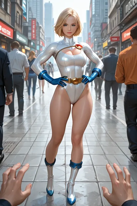 masterpiece, 1girl, superhero, Power girl, original costume, blonde, standing, solo focus, hands on hip, medium sexy breasts, full body shot, young sexy lady, city backdrop, solo, ultra highres, absurdres, beautiful face, detailed eyes, symmetric eyes, ((o...