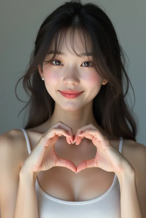  smile making a heart shape with hands:2.0、 (Ultra-precise human anatomy , best quality、RAW photo、8k、32K、masterpiece、realistic、photorealistic:1.37)、Cute Japanese women images、 tank top、 has been photographed in natural light、upper body、1 girl、Photo Mapping...